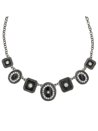 Steuer Modeschmuck Collierkette Metallcollier altsilberfarben mit 7 Anhängern mit Kristallstein
