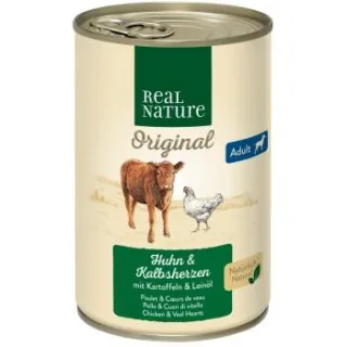 REAL NATURE Nassfutter Hund, Adult, Kalbsherzen und Huhn 24x400 g