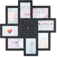 Levandeo® Bilderrahmen Collage, Wanduhr Schwarz 52x52cm Holz Bilderrahmen 8 Fotos Fotorahmen Collage