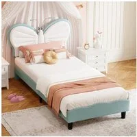 ADWOLT Polsterbett Kinderbett Einzelbett mit Schmetterlings-Kopfteil und LED, Kopfteil hochstellbar, Kinderbett 90x200cm,Blau