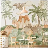 Bilderdepot24 Kindertapete Dino Baby Welt Tiere Kinderzimmer Palme, Glatt, Matt, (Vliestapete inkl. Kleister oder selbstklebend), Mädchenzimmer Jungenzimmer Babyzimmer Bildtapete Fototapete Wandtapete