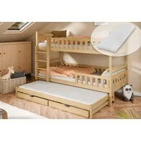 Kids Collective Etagenbett Hochbett Stockbett Kinderbett 90x200 cm mit Ausziehbett und Schubladen (Umbaubar zu 3 Einzelbetten), mit drei Matratzen Lattenrosten & Rausfallschutz natur