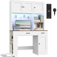 Homfa Schreibtisch mit LED, 2 Steckdosen und 2 USB, 180cm, Computertisch mit Bücherregal, Bürotisch weiß 180x120x50cm