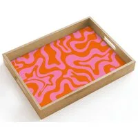 OnlyWow Tablett Rechteckig mit Henkel Muster - Rosa - Orange - Abstrakt - Modern, Eichenholz, (1-tlg), Siervierplatte, Tray, Frühstücksbrett