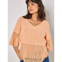 Apricot Blusentop Embroidered Cotton Mesh Top mit Stickerei