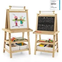 COSTWAY Standtafel Kinder Staffelei, doppelseitig, mit Magneten & 2 Boxen