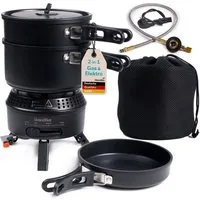Skandika Gaskocher Campingkocher Rask, mit Geschirr, Topf und Pfanne, Piezozündung, (gepolsterten Netzbeutel, Kocher mit einklappbaren Füßen), Camping Kocher Hybrid, 2 in 1 Betrieb mit Strom oder Gas
