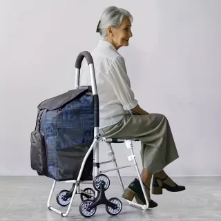 Xmund Foldable Shopping Cart with a Seat, Trolley Stair Climber Cart with 6 Wheels Portable Trolley for Elderly, Hand-Pu