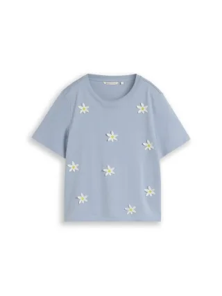 Denim Tom Tailor - Loose Fit T-Shirt mit Häkelblumen-Applikationen foggy sky blue - Gr. - XS