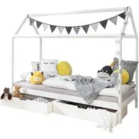 Ticaa Hausbett Kinderbett Hausbett "Lina" mit Schubkästen 90x200, Hausbett inkl. Dachaufbau und Bettschubkästen