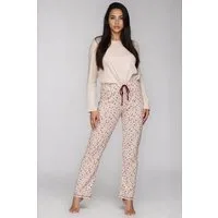 Mademoiselle Sommeil Pyjama Damen Schlafanzug mit Creme Langarmshirt & florale Hose 100% Baumwolle, Rundhals, hergestellt in Polen