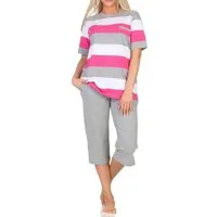 Normann Pyjama Damen Capri Schlafanzug kurzarm in Streifenoptik - auch in Übergrößen