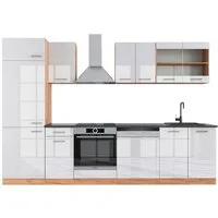 Vicco Küchenzeile R-Line, Weiß Hochglanz/Goldkraft Eiche, 300 cm, AP Anthrazit
