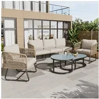 Merax Gartenlounge-Set für 5 Personen mit verzinkten Eisenrahmen mit Glastischplatte, (5-tlg., 1 3-Sitzer-Sofa, 2 Sessel, 2 Couchtische), Gartenmöbel Set Seil Lounge Set, Balkonmöbel, Sitzgruppe