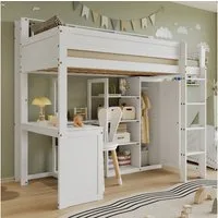 Flieks Hochbett Etagenbett Kinderbett 90x200cm mit Schreibtisch und Kleiderschrank