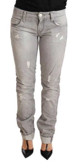Acht Graue Zerrissene Baumwolle Slim Fit Jeans