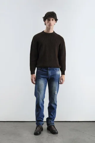 Komfortabler Rippstrick Rundhals-Pullover