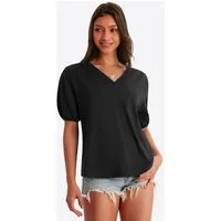 Imily Bela T-Shirt Damen Puffbluse mit V-Ausschnitt (Packung, 1-tlg., 1per-Pack) Bogensaum