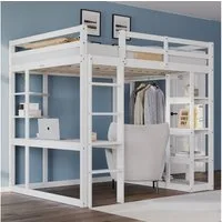 Odikalo Kinderbett Hochbett Jugendbett Tisch Regalen Kleiderbügeln 90/140x200cm Weiß/Grau
