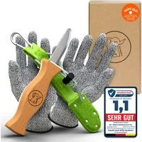 Eli Taschenmesser Schnitzmesser Kinder - Kindermesser mit Filztasche Kindertaschenmesser, (Schnitzwerkzeug - Outdoor Messer, 3 St., Kinderschnitzmesser - Griffe aus Buchenholz), inkl. schnittfeste Handschuhe - Beidhändig - rostfreier Stahl