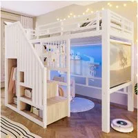 Merax Hochbett mit LED-Licht, Metallbett Jugendbett Einzelbett (1-St) 90x200cm mit Treppe, Kleiderstange, Gitter & Projektoraufhängung