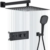 HOMELODY Duschsystem Unterputz Duschsystem Thermostat 2 Funktionen Regendusche Set Schwarz, 2 Strahlart(en), Set, 12 Zoll Regendusche Edelstahl, Thermostat, Handbrause 3 Strahlarten