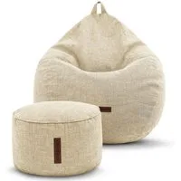 Green Bean Sitzsack Indoor Sitzsack XXL Home Linen +Hocker (2er Set Indoor Sitzsack 80x90x50cm + Sitzpouf 45x25cm mit EPS-Perlen Füllung -, Fußhocker Fußkissen Sitz-pouf Bodenkissen Liegekissen), Sitzkissen Lounge Chair Sitzhocker Relax-Sessel Bean B