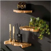 alesvelt Wandregal Set NATURAL LINE 3 schwebende Massivholz-Regale mit echter Baumkante, 35x25x4cm, 45x25x4cm, 55x25x4cm, Teakholz