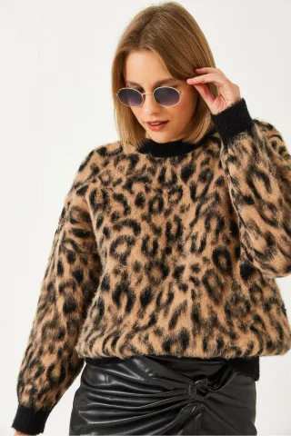 Leopardenmuster Rundhalsausschnitt Strickpullover