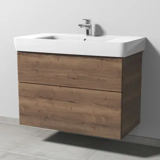 Sanipa 3way Waschtischunterbau zu Geberit Renova Plan Waschtisch mit 2 Auszügen, Eiche-Tabak SM88050