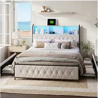 zebery Stauraumbett Polsterbett Doppelbett Mit 4 Schubladen (Packung, 1-tlg), 180x200 cm,LED-Leuchten,USB + Typ-C,Samtstoff,Beige