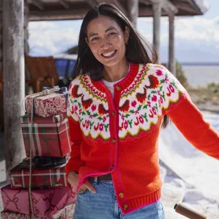 Softer Fair Isle Weihnachts-Cardigan aus Baumwollmix, Damen,  Rot, Polyacryl/Schurwolle/Baumwoll-Mischung, by Lands' End