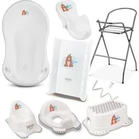 Babykajo Babybadewanne mit Ständer, (Set, 8-tlg), Wanne, Sitz, Wickelauflage, Gestell, Abfluss, Töpfchen, Hocker WC-sitz