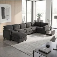 HOMCOM Ecksofa Sofa mit Federpolsterung gepolsterte Armlehnen beweglicher Ottomane, Eckcouch 1 Teile, aus Cord für Wohnzimmer, 292x224x85 cm Dunkelgrau