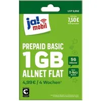 Ja! Mobil Prepaid Basic Simkarte mit 7,50 € Startguthaben Prepaidkarte, (EU-Roaming inkl. CH, 7,50 € Startguthaben)