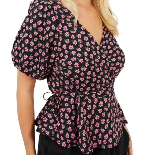 Brave Soul - Wickel-Oberteil für Damen, V-Ausschnitt, Puffärmel (Schwarz/Pink)