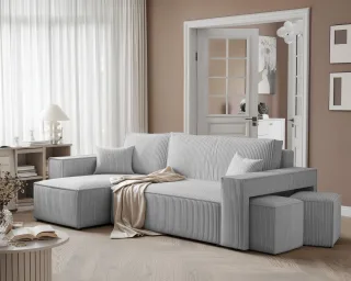 Ecksofa Schlafsofa Sofa ADARA inkl. Hocker Stoff Poso Hellgrau Ottomane Links