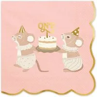 partydeco Papierserviette, Servietten Papier 33x33cm 2-lagig 12 Stück ONE mit Mäusen Rosa / Gold