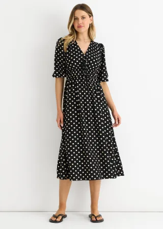 Schwarzes Punktedruck Shift Midikleid mit geraffter Taille