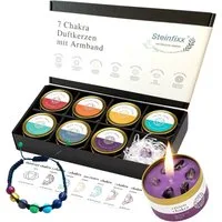 Steinfixx® Duftkerze Sieben Chakra Edelstein Duftkerzen Geschenkset mit Armband (Geschenkset mit Überraschung, 8-tlg., Handmade für Achtsamkeit und Entspannung), in Geschenkbox mit deutscher Erklärung