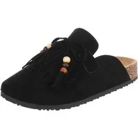 Ital-Design Damen Clog mit Fransen und Perlen, Schlupfschuh Pantolette (91742381) Flach Pantoletten in Schwarz