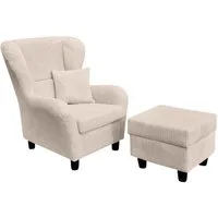 luma-home Ohrensessel 18017 (mit Hocker und Zierkissen, Wellenunterfederung, B90/H98/T76 cm), Lesesessel mit Echtholzfüßen, Bezug Cordstoff in Beige Creme