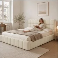 Simurq Polsterbett Jugendbett 140x200 cm mit Lattenrost, Bubble Bett Bettgestell, Leinen (Flachbett, Ohne Matratze,Leinenstoff, Cloud Bett/Marshmallow Bed,Doppelbett 140x200 mit Rückenlehne Kopfteil)