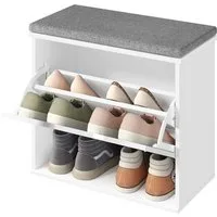 VASAGLE Schuhbank mit Sitzkissen, Sitzbank, 30 x 60 x 53,5 cm, Flur, Schlafzimmer, für 6 Paar Schuhe, Klappfach mit verstellbarer Trennwand, weiß-grau