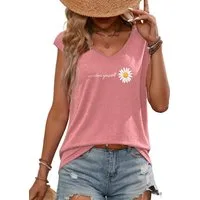 PYLIKE V-Shirt Damen Sommer bequemes Achselhemd mit Gänseblümchen Print-Shirt Bequem für Freizeit und Büro,Strandurlaub