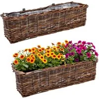Spetebo Blumenkasten Rattan Balkonkasten eckig mit Folie (natur dunkel, 2 St., Stück), Rattan Blumenkasten mit Aufhängung für Geländer bis 3,5 cm