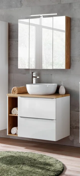 Badmöbel Set 5-tlg Badezimmerset PERUGIA Weiss HGL inkl.Waschbecken