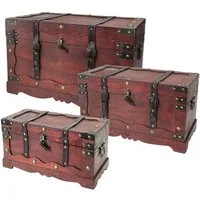 HMF Schatzkiste Schatztruhe aus Holz, große Schatzkiste mit dekorativem (3er Set), Schloss für Kindergeburtstag in drei versch. Größen, Frankreich