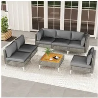 COSTWAY Gartenlounge-Set, (7-tlg), Gartenmöbel Set Rattan & Akazie, mit Kissen