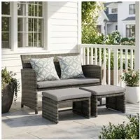Sunsitt Gartenbank Outdoor Loveseat (3-tlg Terrassenmöbel-Set, Allwetter Rattan Gartenbank mit 2 Hocker), Grau Rattan&Grau Kissen